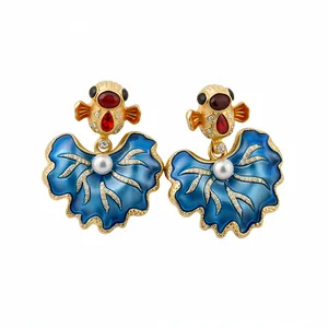 Exquisite vintage enamel leaf earrings with red fish accents and elegant pearls