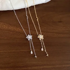 Korean style zircon star and waterdrop tassel necklaces in gold and silver colors.