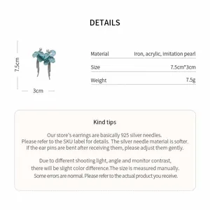 Detailed product specifications of blue floral petal tassel earrings with pearls and silver needles