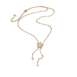 French retro style gold star and water drop pendant necklace elegant clavicle chain for women