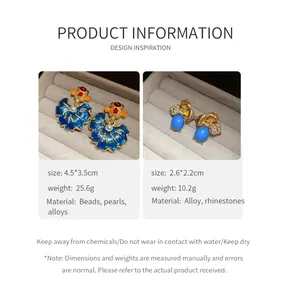 Detail view of vintage enamel leaf earrings and rhinestone floral studs with specs