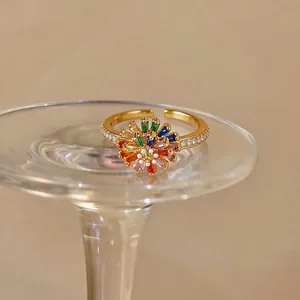 Exquisite 18k gold plated open ring with a colorful zircon flower sunburst design