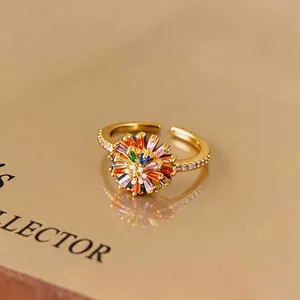 Elegant 18k gold plated open ring featuring a vibrant colorful zircon flower centerpiece