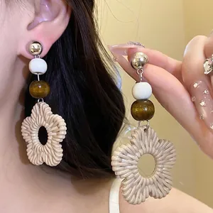Bohemian Vacation Style Resin Woven Texture Flower Drop Earrings With Natural Wood Beads And Silver Earring Post Women Jewelry