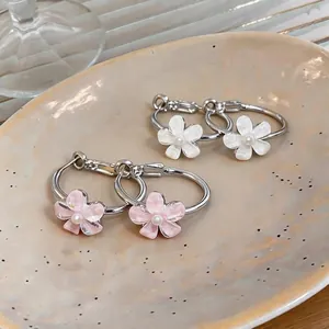 Korean style sweet resin flower hoop earrings in pink and white with pearl centers