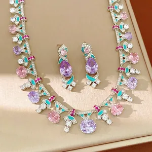 Vintage Court Style Zirconia Enamel Oval Necklace Earrings Jewelry With 925 Sterling Silver Earring Post For Women
