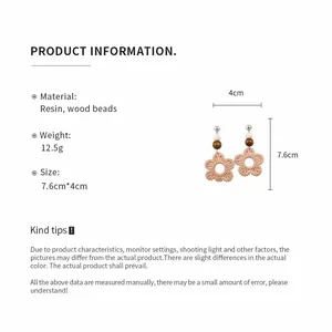Product size and material details for resin wood bead flower drop earrings