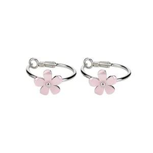 Sweet pink resin flower hoop earrings for women with a polished silver-tone finish