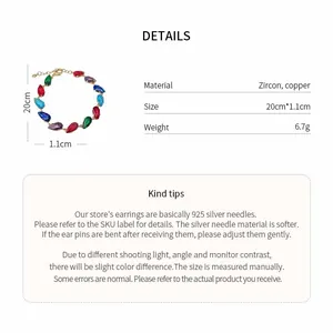 Detail of colorful zircon teardrop bracelet with size and weight parameters list