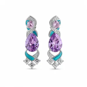 Elegant vintage drop earrings with pear-cut purple stones and turquoise enamel detailing