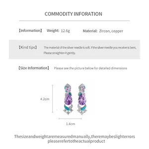 Detailed size guide for purple zircon drop earrings with teal enamel and copper base.