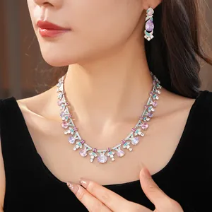 Luxury court style dripping oil zircon necklace and earring set with pink stones