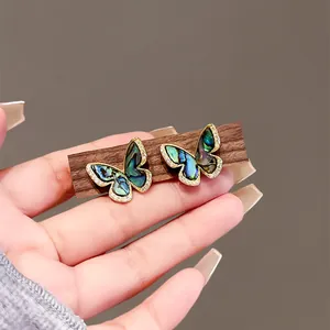 Vintage Iridescent Sea Shell Butterfly Stud Earrings With 925 Sterling Silver Earring Post Inlaid Zirconia Copper Earrings Jewelry For Women