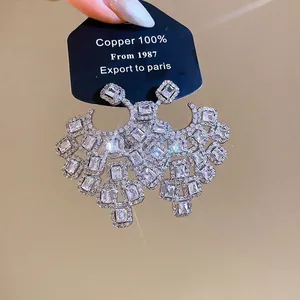 Exquisite luxury silver chandelier earrings with sparkling clear zircon stones for women