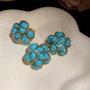 Vintage Palace Resin Flower Stud Earrings And Adjustable Ring Set Gold Plated Alloy French Retro Jewelry For Women