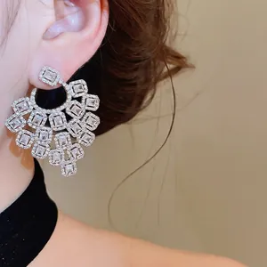 Luxury fan-shaped zircon ear studs with multi-cut sparkling clear stones