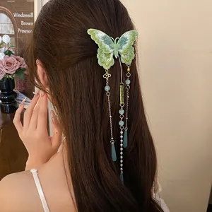Pince à Cheveux Papillon Brodé Nouveau Style Chinois Avec Longs Glands Et Perles Artificielles Vert Fait Main
