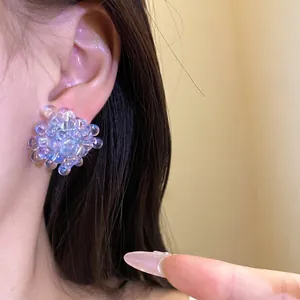 Deep sea blue droplet cluster flower stud earrings with S925 silver needles for women