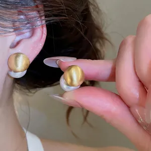 Brushed Gold Round Double Sided Stud Earrings For Women Minimalist Artificial Pearl Back Earrings Silver Post Jewelry