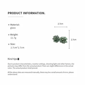 Product information card for green beaded floral stud earrings showing size and weight