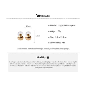 Detailed product specifications and size chart for gold brushed pearl stud earrings.