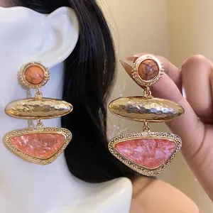 Vintage Harz Geometrische Ohrstecker Oval Dreieck Gold Gehämmert Ohrringe Mit Silber Stift Damen Boho Schmuck
