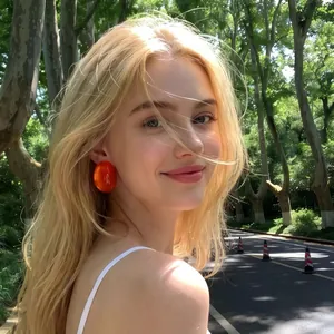 Large orange oval resin studs earrings with French retro style worn by blonde model in sun