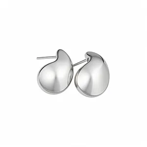 Minimalist silver teardrop stud earrings with a polished metallic finish on white background