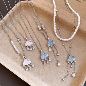 Delicate Copper Zirconia Cloud Water Drop Tassel Necklace For Women Sweet Artificial Pearl Beaded Clavicle Chain Light Luxury Fashion Jewelry Accessory
