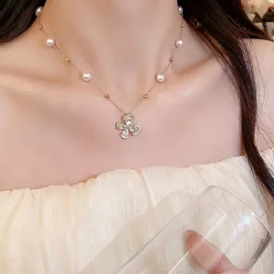 18k gold plated zircon flower pearl necklace for women, elegant and delicate jewelry piece