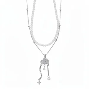 Elegant double-layered pearl necklace with cloud pendant and zircon water-drop tassel