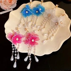 Elegant zircon silk flower earrings with long pearl water-drop tassels in multiple colors