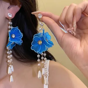 Elegant blue mesh flower drop earrings featuring pearl tassels and zircon studs for women