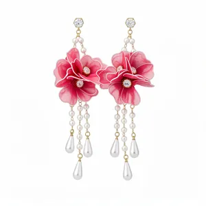 Elegant mesh flower earrings with zircon, pearls, and teardrop tassels in gold finish