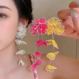 Handmade Silk Screen Flower Artificial Pearl Rhinestone Long Tassel Drop Earrings For Women Sweet Vacation Floral Jewelry