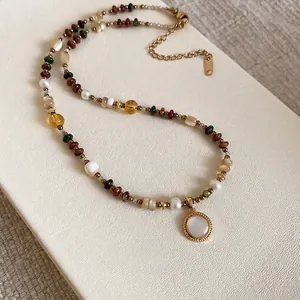 Bohemian style 18K gold plated beaded necklace with mixed stones and round pearl pendant