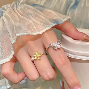 Summer Sweet Zircon Flower Rotatable Open Ring Light Luxury Adjustable Hand Jewelry For Women Cat's Eye Stone Artificial Pearl