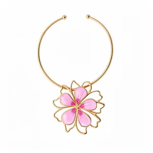 Gold-toned open choker necklace with pink enamel hollow flower pendant in sweet style