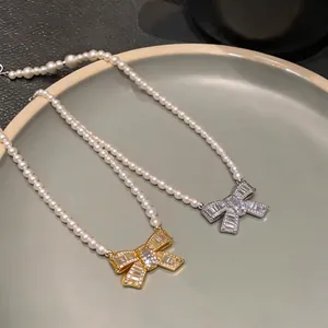 Elegant 18k gold plated and silver bow pendant pearl bead necklaces for women
