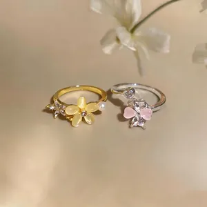 Sweet floral adjustable rings with yellow and pink cat eye stones and zircons 1pc
