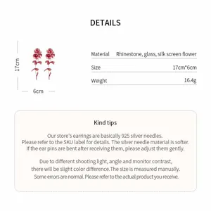 Detailed specs of handmade flower earrings with rhinestone and silk screen material
