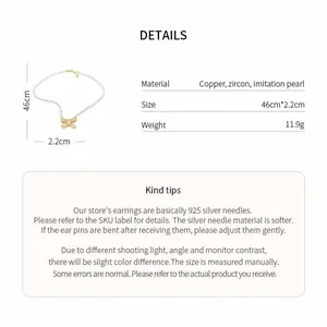 Detailed specs for 18k gold plated bow pearl necklace showing size, weight and material info