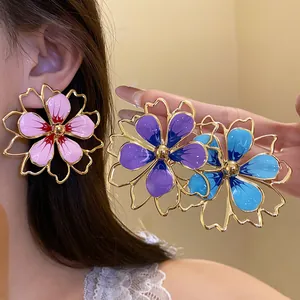 Large elegant enamel hollow flower stud earrings in pink, purple and blue colors