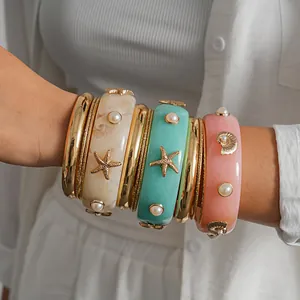 Bohemian Resort Style Resin Starfish Bangle Bracelets Gold Plated Shell Artificial Pearl Jewelry For Women Accessories
