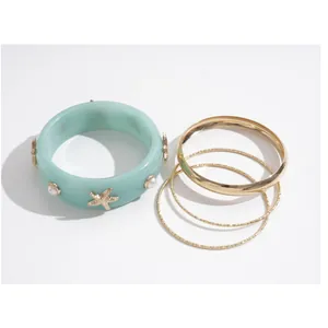 4-piece beach style resin starfish and pearl bangle set with thin gold bracelets