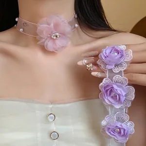 Romantic summer vacation style pink fabric flower choker necklace with pearl and crystal