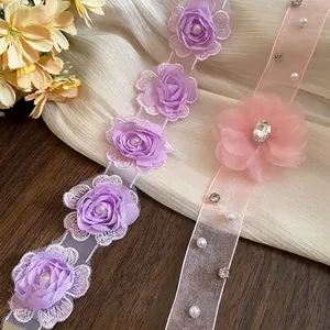 Romantic fabric flower choker necklace with pearls and rhinestones for summer vacation