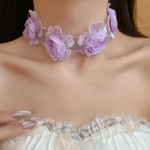 Elegant purple lace flower choker necklace for women romantic summer beach style