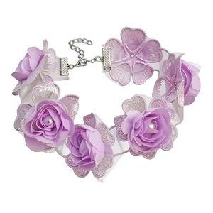 Purple floral lace choker necklace with pearls for summer beach vacation style.