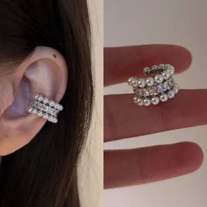 Vintage Geometric Artificial Pearl Rhinestone Ear Cuff Non Pierced Triple Row Stackable C-Shaped Earring For Women Jewelry